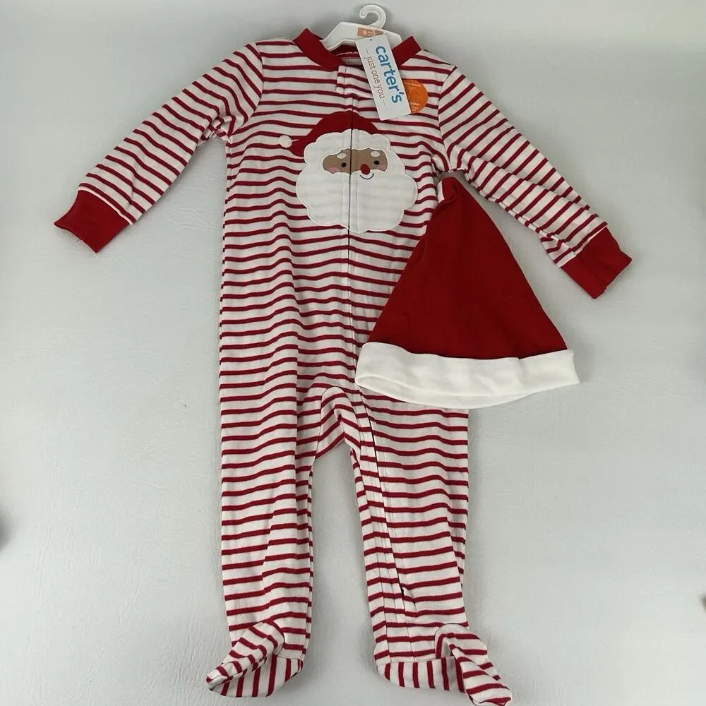 Carter’s Christmas Footed Pajamas Size 9M Set Hat Lot Santa Claus 2 Way Zipper